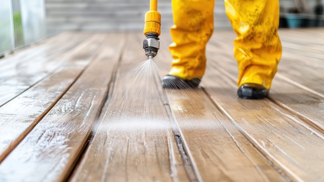 High-pressure deck cleaning service in Brisbane – professional washing timber surface for a refreshed finish