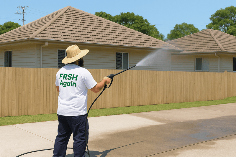 FRESH Again owner pressure washing a Brisbane driveway to remove oil stains and restore curb appeal
