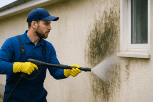 FRESH Again technician performing professional mould and algae removal on Brisbane home exterior wall