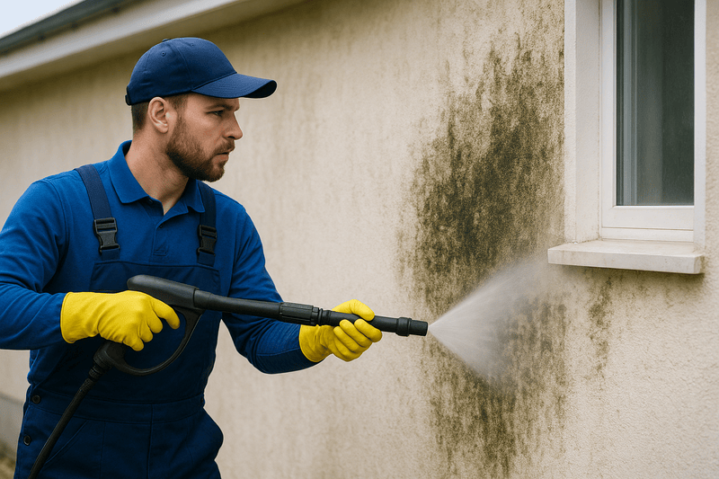 FRESH Again technician performing professional mould and algae removal on Brisbane home exterior wall