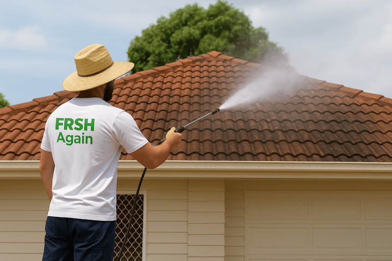 FRESH Again professional soft washing a Brisbane tile roof to safely remove black mould and moss