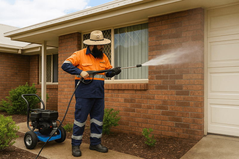 RESH Again technician pressure washing a Brisbane home exterior on a clear autumn day, demonstrating ideal seasonal timing