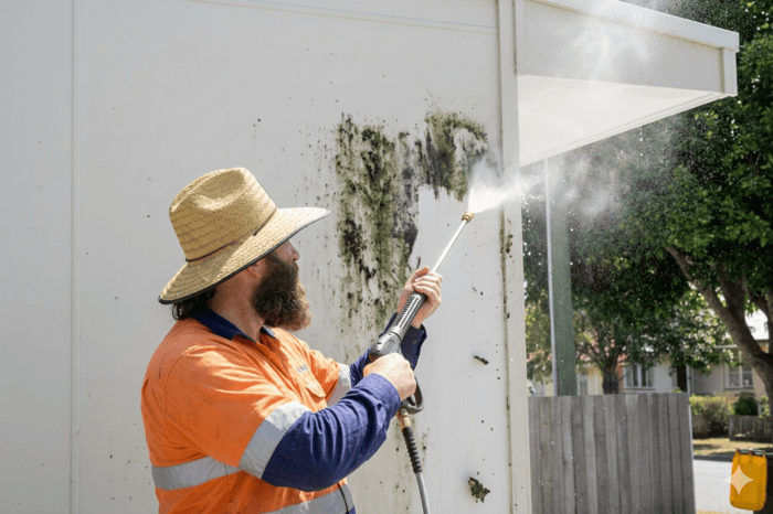 Professional mold removal by Frsh Again in Brisbane, showing a technician using a high-pressure washer to clean heavy green mold from a white exterior wall.